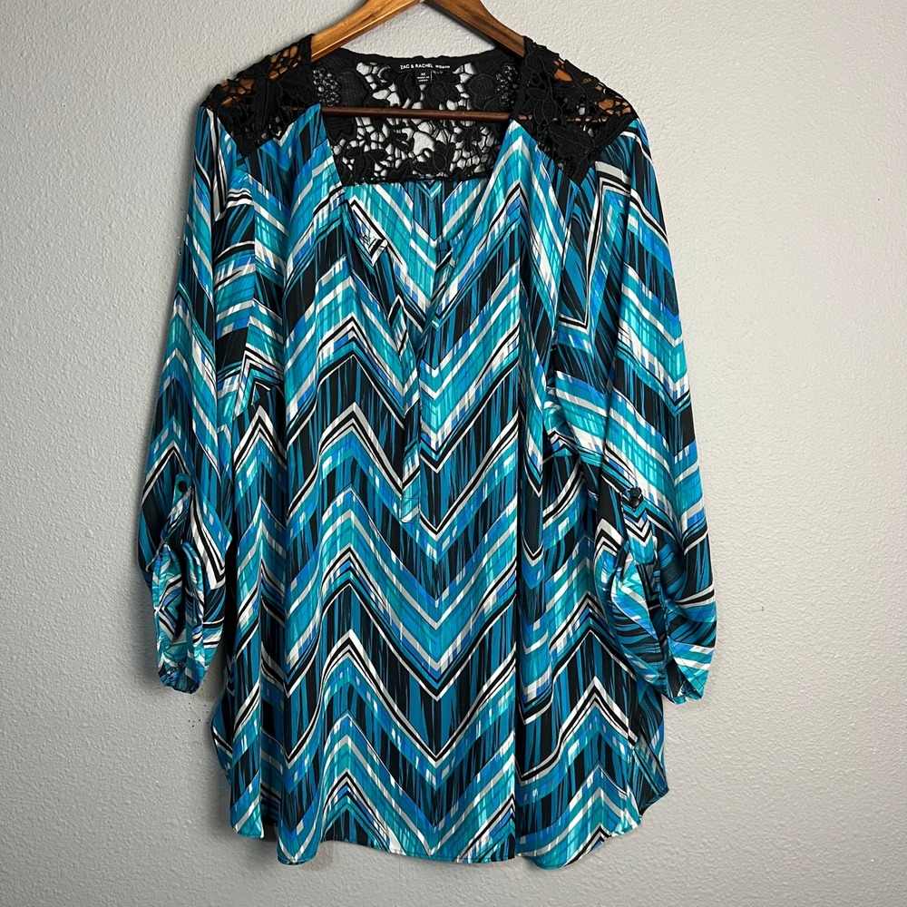 Zac & Rachel Mixed Texture Retro Inspired‎ Artsy Blouse Chevron Lace Trim 3X